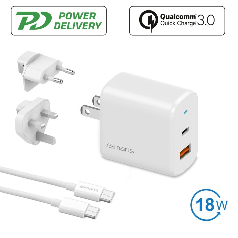 smarts travel charger voltplug qcpd w with quick charge and usb c to usb c cable m white