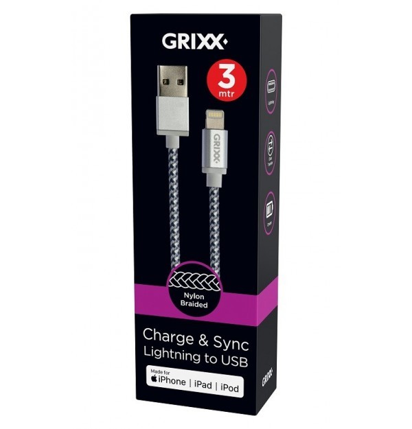 grixx cable  pin to usb apple mfi braided  m greywhite